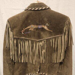 Vintage Patty Lewis Handmade Suede Cropped Jacket with Fringe and Embroidered Fi